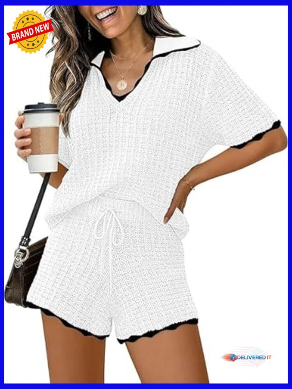 2 Piece Knit Lounge Set V Neck Short Sleeve Top & Shorts